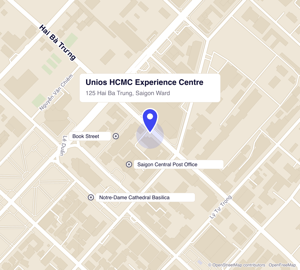 Map of the Unios HCMC Experience Centre at 125 Hai Ba Trung, a short walk from Notre-Dame Cathedral Basilica, the Saigon Central Post Office and Book Street
