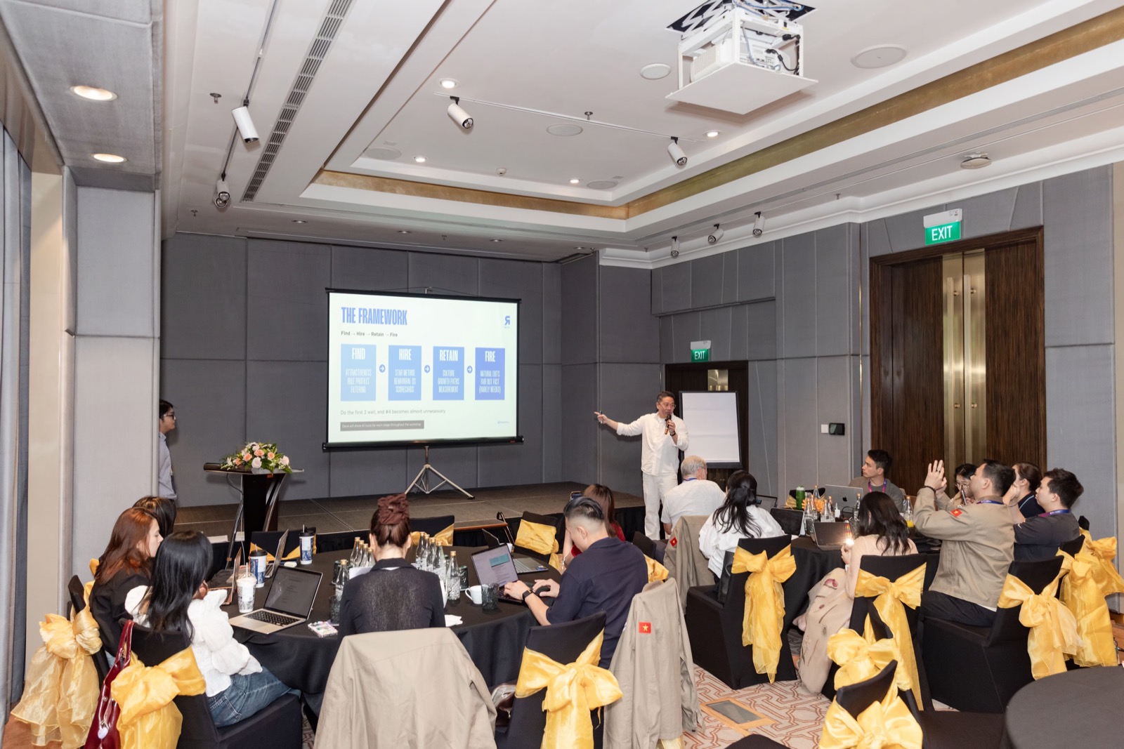 Leadership training session discussing AI hiring systems and talent strategy